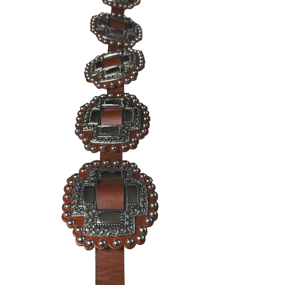 Vintage 80s Leather Concho Belt Brown Silver Hardware Heavy Western Large - Picture 2 of 10